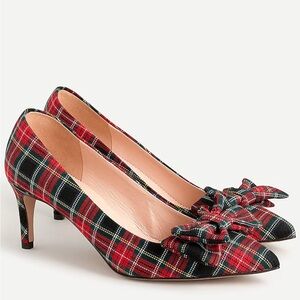J. Crew Red Green Plaid Bow Pointed-Toe Kitten Heels